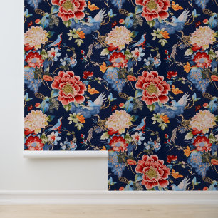 Vintage blue red chinoiserie wallpaper