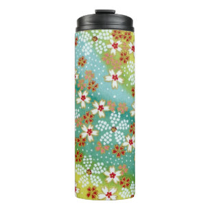 Vintage Blue Red Japanese Origami Flower Pattern Thermal Tumbler