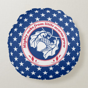 Vintage Blue Red White Proverb Oak Acorn Ink Art Round Cushion
