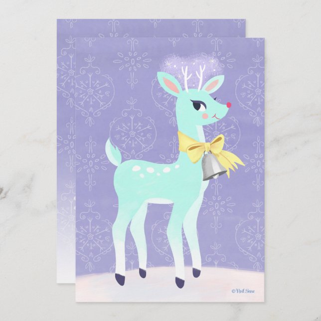 Vintage Blue Reindeer Personalised Flat Card (Front/Back)