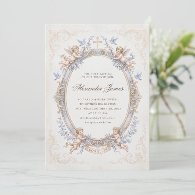 Vintage Blue Renaissance Cherub Baptism Invitation (Standing Front)