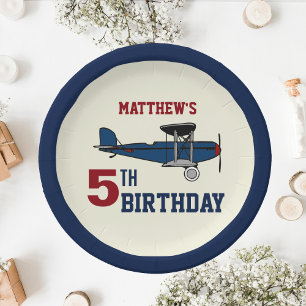 Vintage Blue Retro Aeroplane Birthday Party Paper Plate