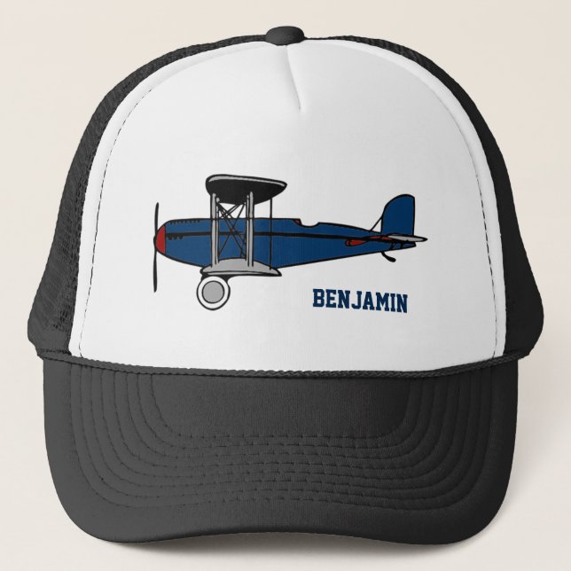 Vintage Blue Retro Aeroplane Kids Trucker Hat (Front)
