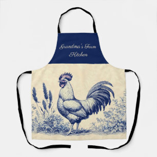 Vintage Blue Rooster in a Floral Garden Apron