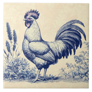 Vintage Blue Rooster in a Floral Garden Ceramic Tile