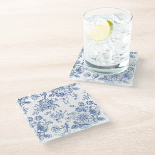 Vintage Blue Rose Floral Pattern Glass Coaster