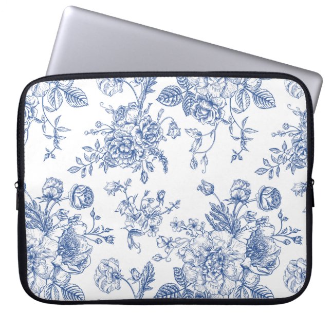 Vintage Blue Rose Floral Pattern Laptop Sleeve (Front)