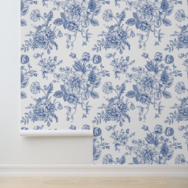 Vintage Blue Rose Floral Pattern Wallpaper (Application)