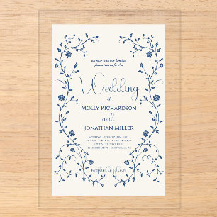 Vintage Blue Rose Vine Wedding Acrylic Invitations