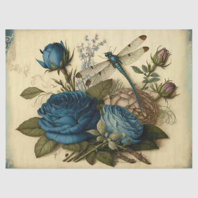 Vintage Blue Roses and Dragonfly Decoupage Tissue Paper (Front)