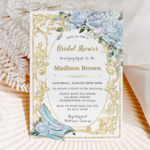 Vintage Blue Roses Gold Princess Bridal Shower Invitation