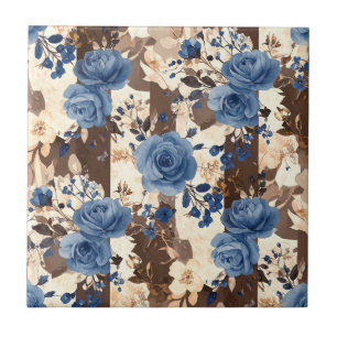 Vintage Blue Roses on Brown and Cream Stripes Ceramic Tile