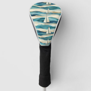 Vintage Blue Sailboat Maritime Coastal Pattern Golf Head Cover