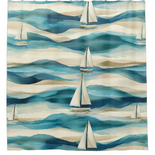 Vintage Blue Sailboat Maritime Coastal Pattern Shower Curtain