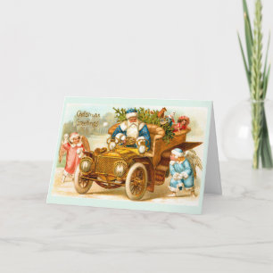 Vintage Blue Santa & Angels Antique Car Art Holiday Card
