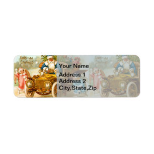 Vintage Blue Santa & Angels Antique Car Art Return Address Label
