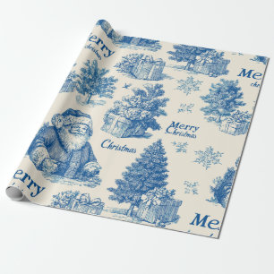 Vintage Blue Santa Christmas Toile Pattern Wrapping Paper