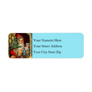Vintage Blue Santa Claus With Toys Christmas Tree Return Address Label