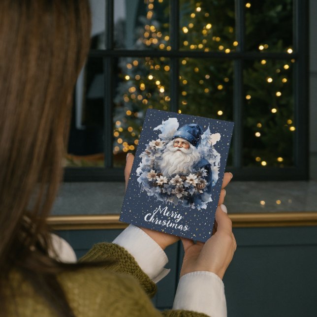 Vintage Blue Santa Customisable Holiday Card (Creator Uploaded)