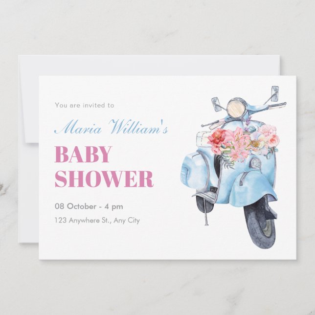 Vintage blue scooter baby shower invitation (Front)