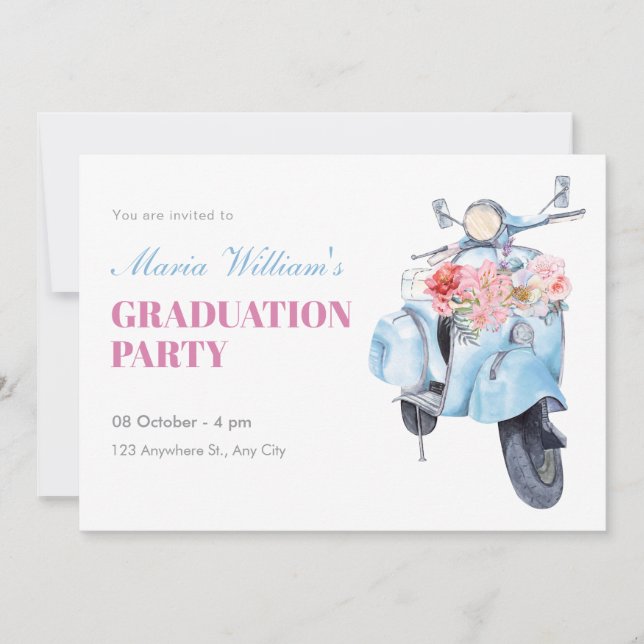 Vintage blue scooter graduation invitation (Front)