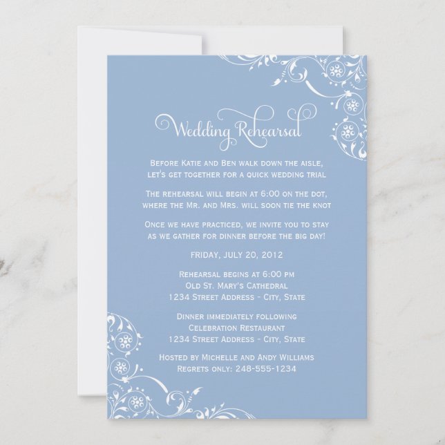 Vintage Blue Scrolls Wedding Rehearsal and Dinner Invitation (Front)