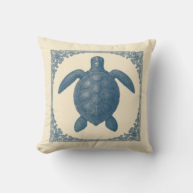 Vintage Blue Sea Turtle Nautical Coastal Cushion (Front)