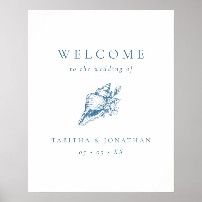 Vintage Blue Seashell Beach Wedding Welcome Poster (Front)