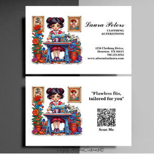 Vintage Blue Sewing Machine Girl Flower Alteration Business Card