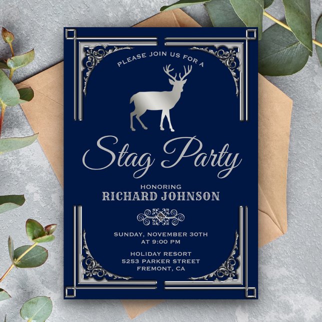 Vintage Blue Silver Stag Bachelor Party Invitation (Creator Uploaded)