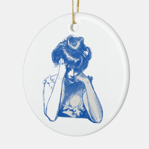 Vintage Blue Sketch Woman Portrait Acrylic Keychai Ceramic Ornament