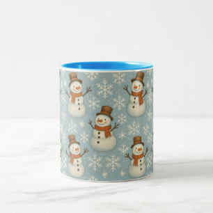 Vintage blue snowmen and snowflake Two-Tone coffee mug