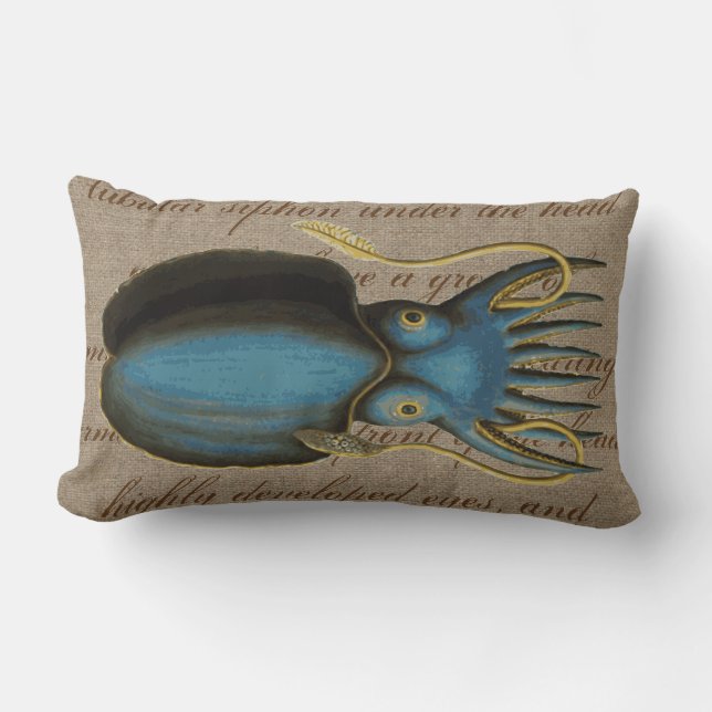 Vintage Blue Squid Sea Creature Nautical Burlap Lumbar Cushion (Front)
