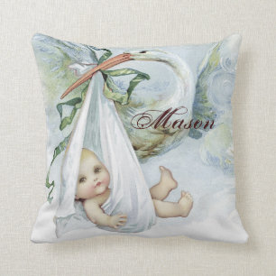 Vintage Blue Stork Baby Boy Nursery Pillows