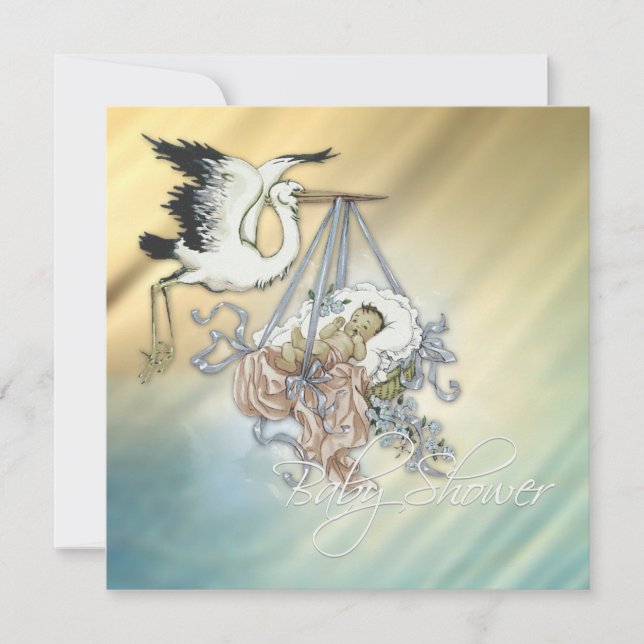 Vintage Blue Stork Baby Boy Shower Invitation (Front)