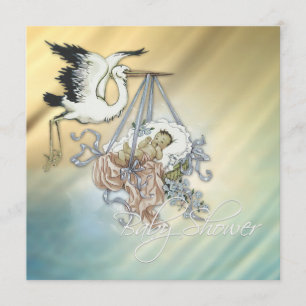 Vintage Blue Stork Baby Boy Shower Invitation