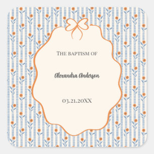 Vintage Blue Stripes Orange Floral Photo Baptism  Square Sticker