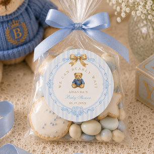 Vintage Blue Stripes Polo Teddy Bear Baby Shower Classic Round Sticker