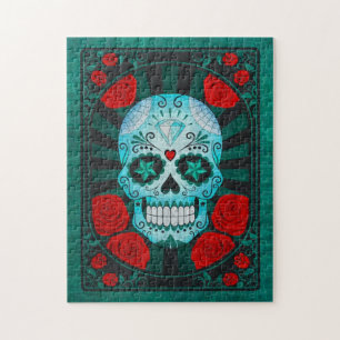 Vintage Blue Sugar Skull with Roses Poster Jigsaw Puzzle