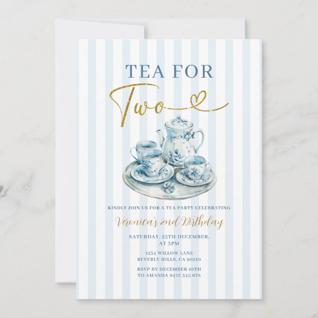 Vintage Blue Tea for two girl Birthday Stripe Invitation (Front)