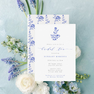 Vintage Blue Teacup and Rose Bridal Tea Invitation
