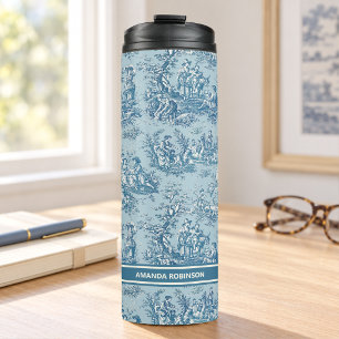 Vintage blue teal toile de jouy printed thermal tumbler