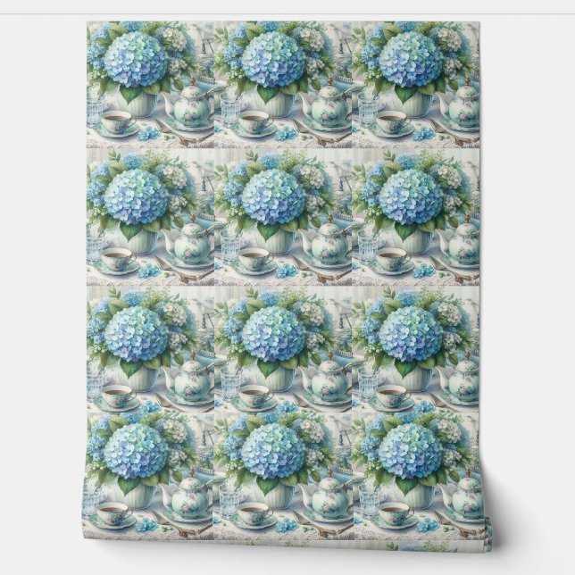 Vintage Blue Teapot Blue Hydrangea  Wallpaper (Unrolling)