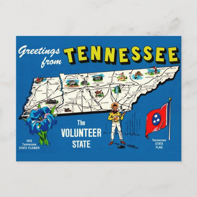 Vintage Blue Tennessee Map Postcard (Front)