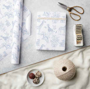 Vintage Blue Toile Animal Theme Baby Shower Wrapping Paper