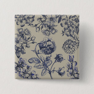 Vintage Blue Toile Botanical Floral Antique Patter 15 Cm Square Badge