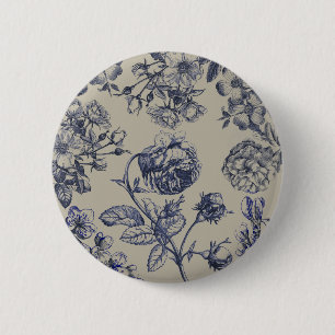 Vintage Blue Toile Botanical Floral Antique Patter 6 Cm Round Badge