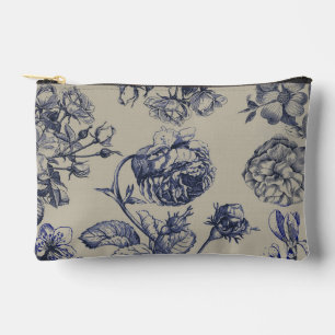 Vintage Blue Toile Botanical Floral Antique Patter Accessory Pouch