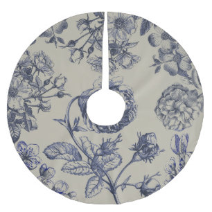 Vintage Blue Toile Botanical Floral Antique Patter Brushed Polyester Tree Skirt