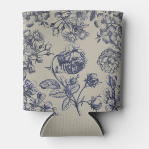 Vintage Blue Toile Botanical Floral Antique Patter Can Cooler